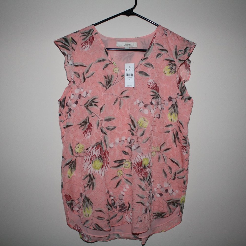 LOFT Pink Floral V-Neck Cap Sleeve Blouse